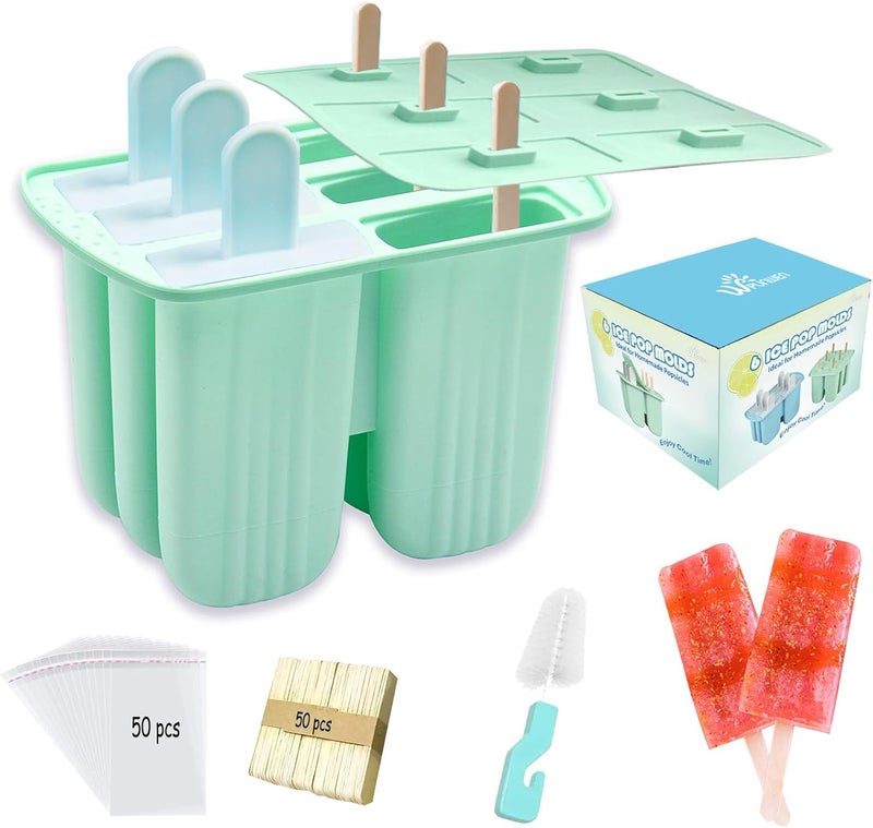 Wpunwen Silicone Popsicle Molds with Sticks 6 Cavity Ice Popsicle MoldsIce Cream Mold with Clean Brush 6 Reusable Sticks 50 Sticks 50 Bags Green - Image 1
